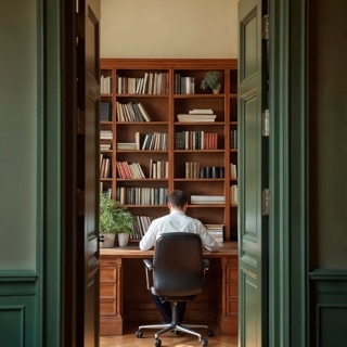 Professional in an office with a bookshelf